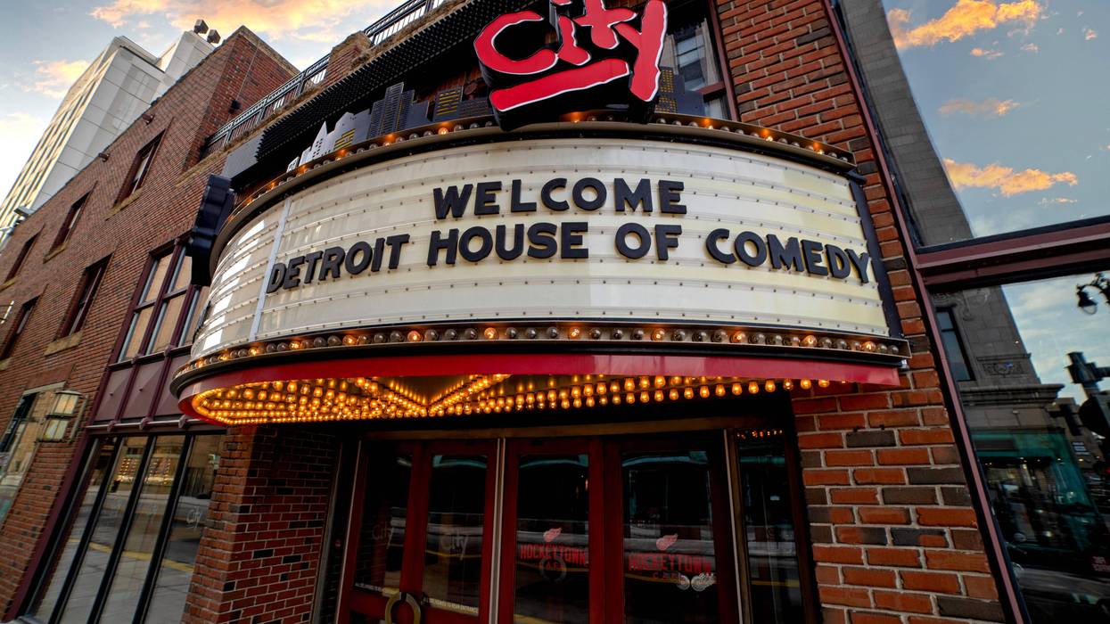 The front of a building with a marquee that says, "WELCOME DETROIT HOUSE OF COMEDY"