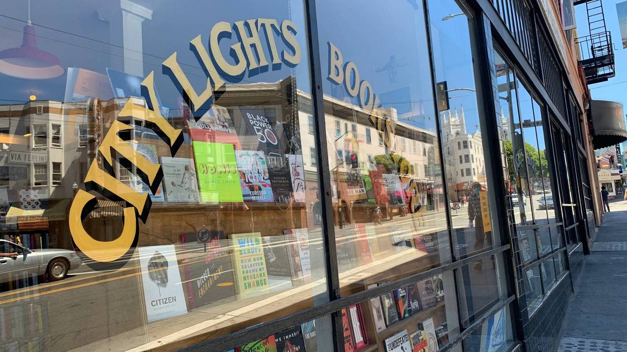 The front window of the iconic City Lights Bookstore in San Francisco.