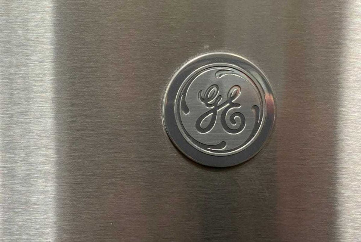 The General Electric logo is displayed on a refrigerator at a Best Buy store on January 25, 2022 in San Francisco, California.