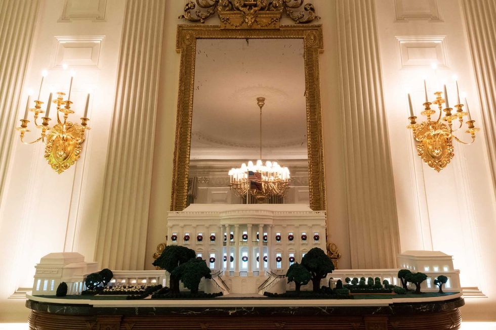 The gingerbread house, depicting the Executive Residence, the West and East Wings, and for the first time the Rose Garden and the First Ladies