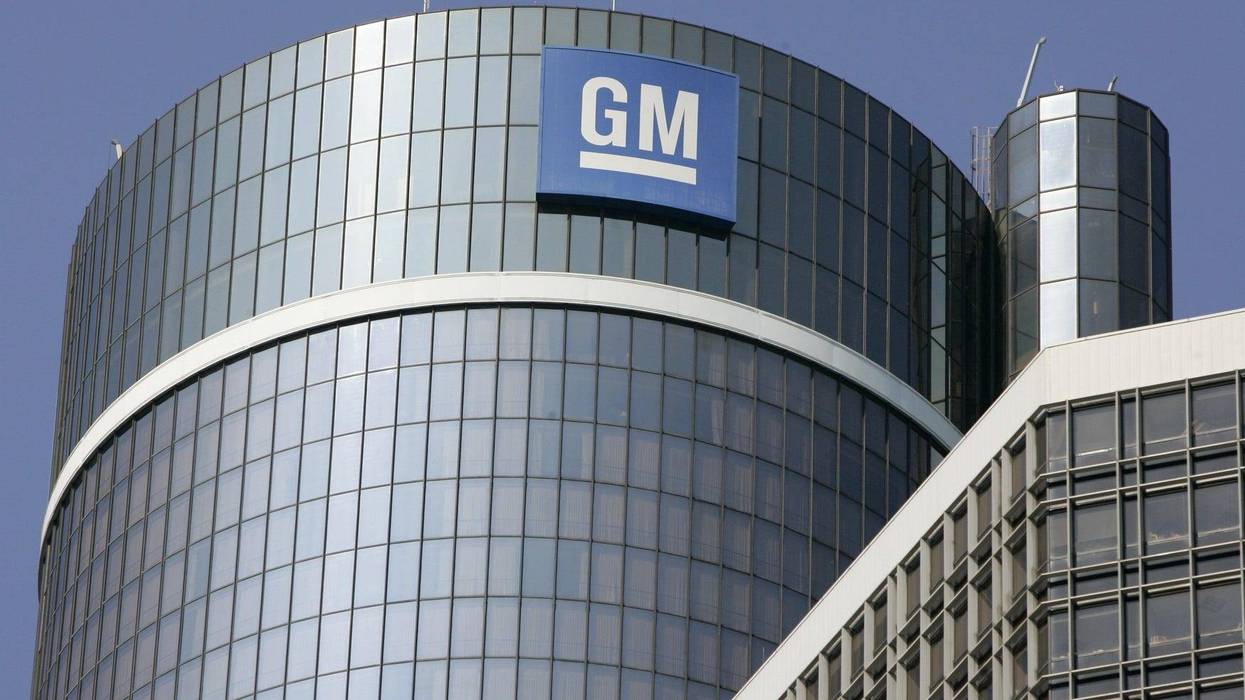 The GM logo is seen on the top of the center tower at the GM Renaissance Center in Detroit.