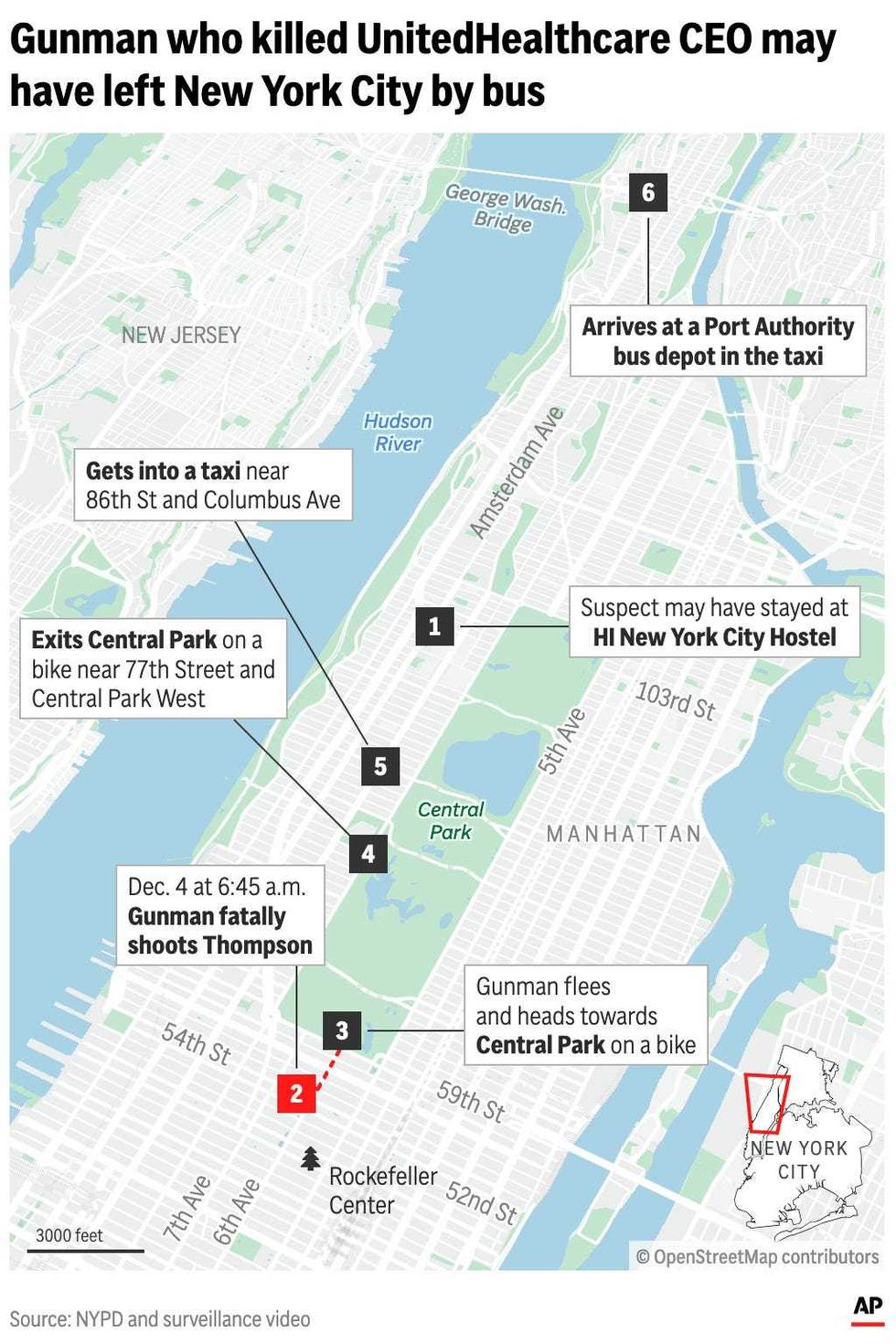 The graphic above shows the location of the UnitedHealthcare CEO shooting and escape route a suspected gunman took