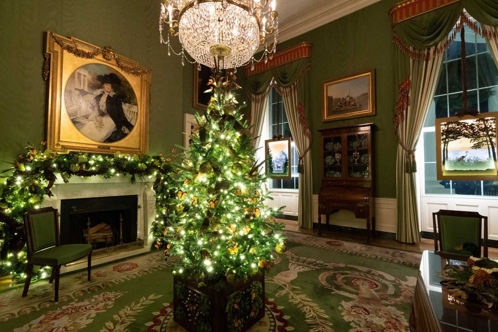 The Green Room of the White House is decorated for the Christmas season Sunday, Nov. 29, 2020.