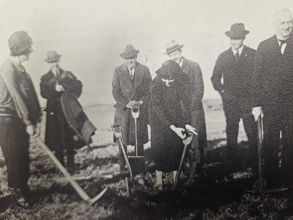 The groundbreaking ceremony in Anoka Township, October 1924 just after WCCO Radio went on the air. Arthur E. Nelson, the Mayor of St. Paul at the time, drove a plow at the ceremony while the two ladies with shovels were "society hostesses" representing Minneapolis and St. Paul.