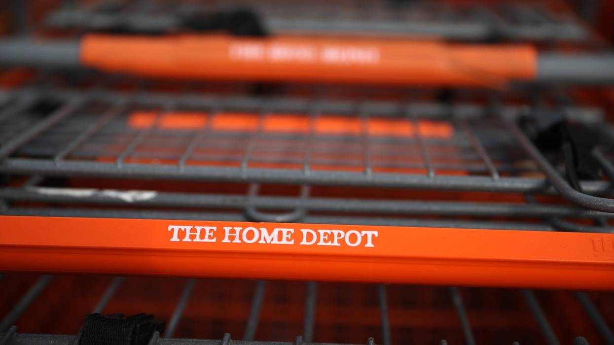 The Home Depot logo is displayed on a shopping cart outside of a store on November 16, 2021 in Vallejo, California.