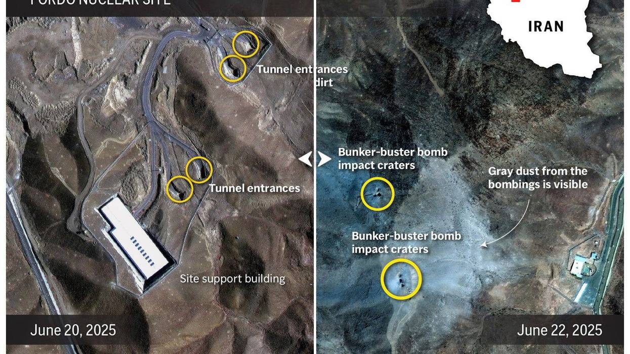 The image above is a frame grab of a before-and-after interactive slider that compares Iran's Fordo nuclear facility before and after U.S. bombed the site.