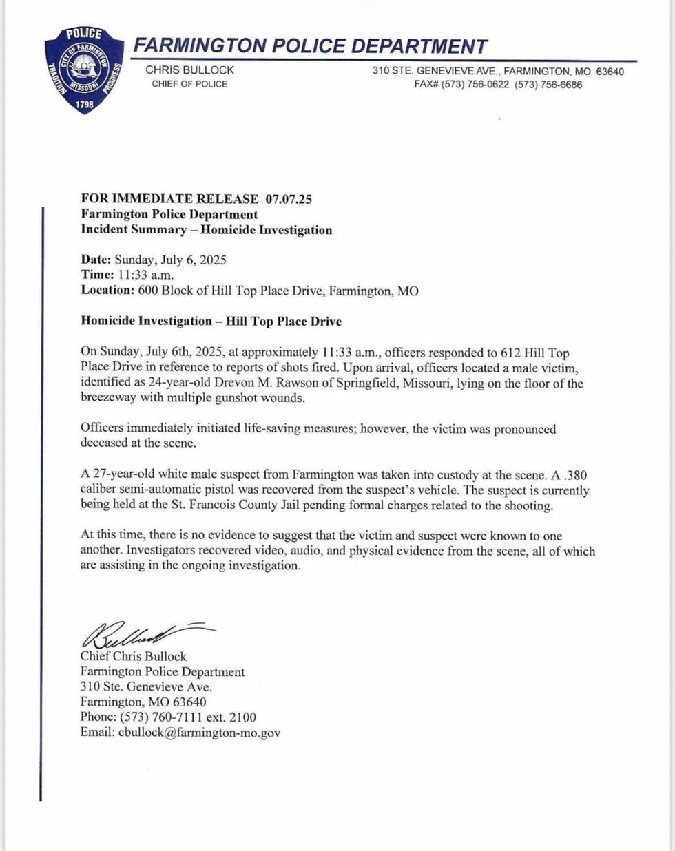 The initial statement from the Farmington Police Department