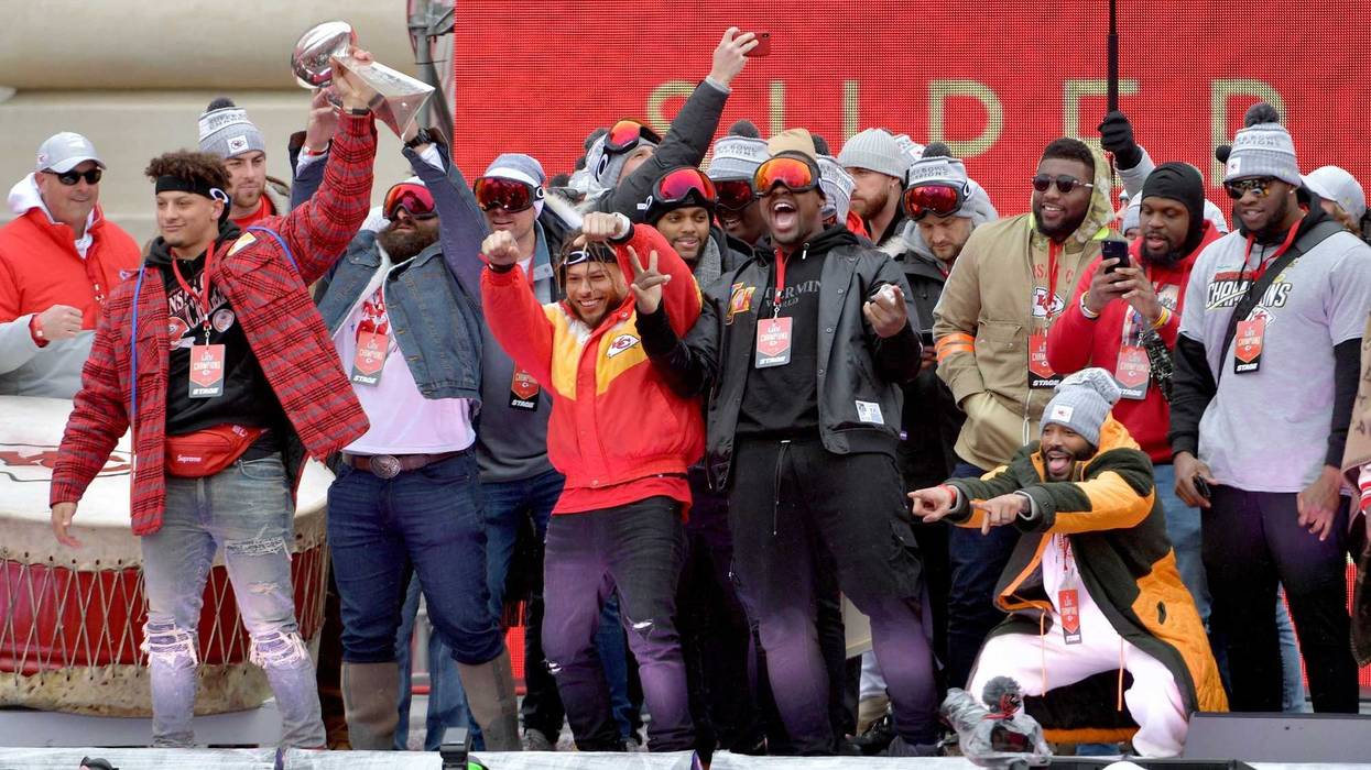 The Kansas City Chiefs celebrating their Super Bowl victory at the parade