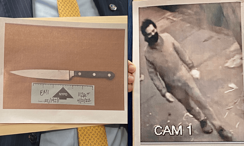 The kitchen knife identified as the murder weapon (right) and the alleged killer, David Bonola, with bandaged hand in surveillance video