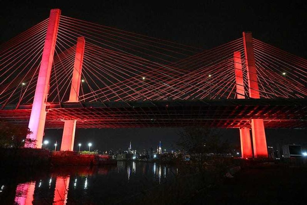The Kosciuszko Bridge lit red for World AIDS Day 2021.