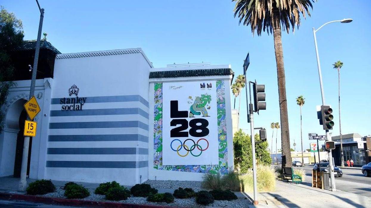 The LA28 Olympic mural by Artist Steven Harrington is displayed on the corner of Stanley Street and Sunset Boulevard on September 01, 2020, in Los Angeles.