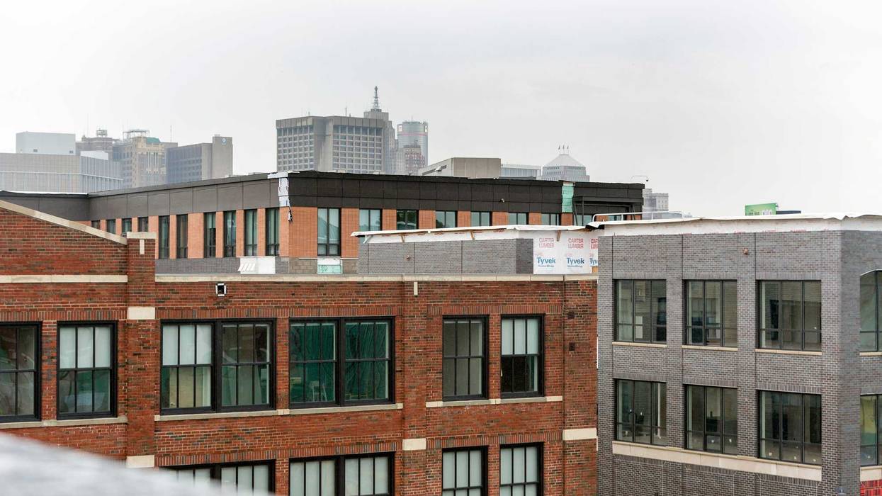 The large rooftop terrace at The Towns condos overlooks the old Tiger Stadium and has views of downtown, in Detroit, Mich., Thursday, May 30, 2019. Towns 053019 18