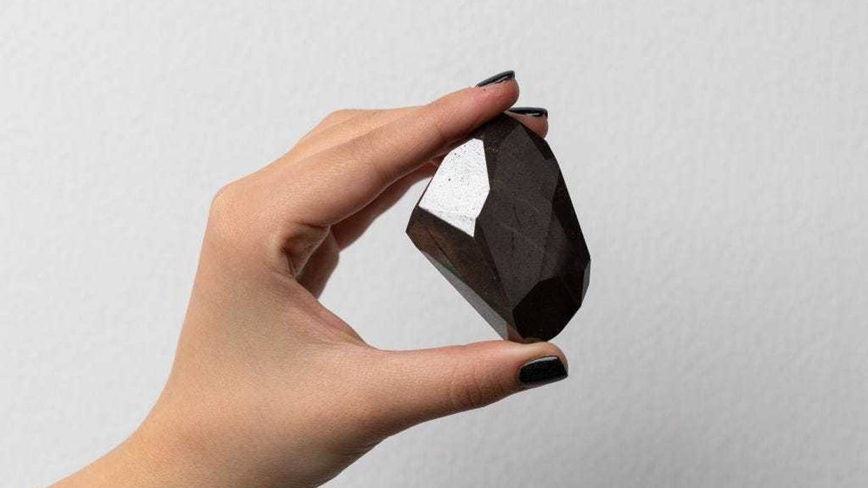 The Largest Faceted Diamond to ever come to Auction, The Enigma, at 555.55 carats is unveiled at Sotheby's Dubai, on January 17, 2022 in Dubai, United Arab Emirates. (Photo by Neville Hopwood/Getty Images for Sotheby's Dubai)