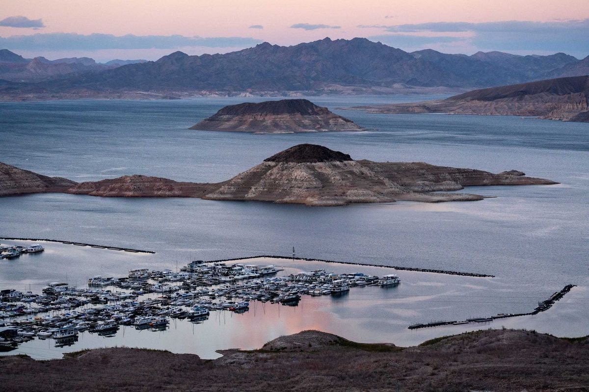 The Las Vegas Boat Harbor & Lake Mead Marina on Feb. 16, 2022, on the Arizona/Nevada border. A high-water mark is visible on the shoreline; Lake Mead is down 161 vertical feet.