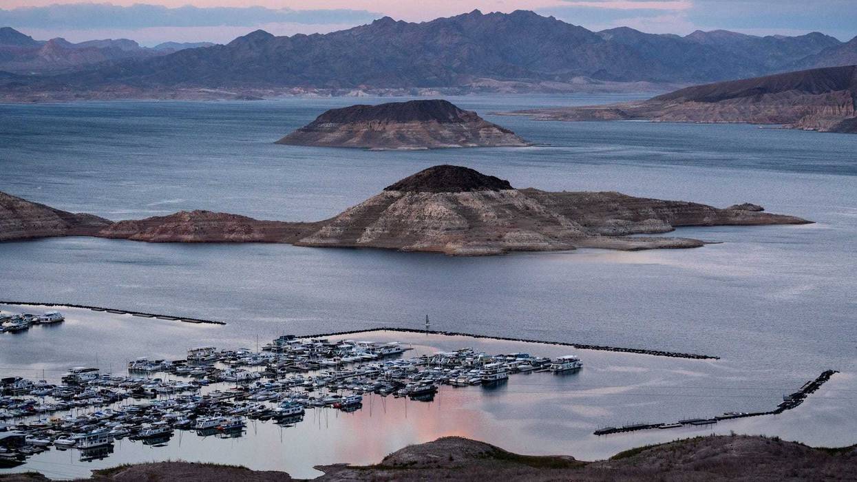 The Las Vegas Boat Harbor & Lake Mead Marina on Feb. 16, 2022, on the Arizona/Nevada border. A high-water mark is visible on the shoreline; Lake Mead is down 161 vertical feet.