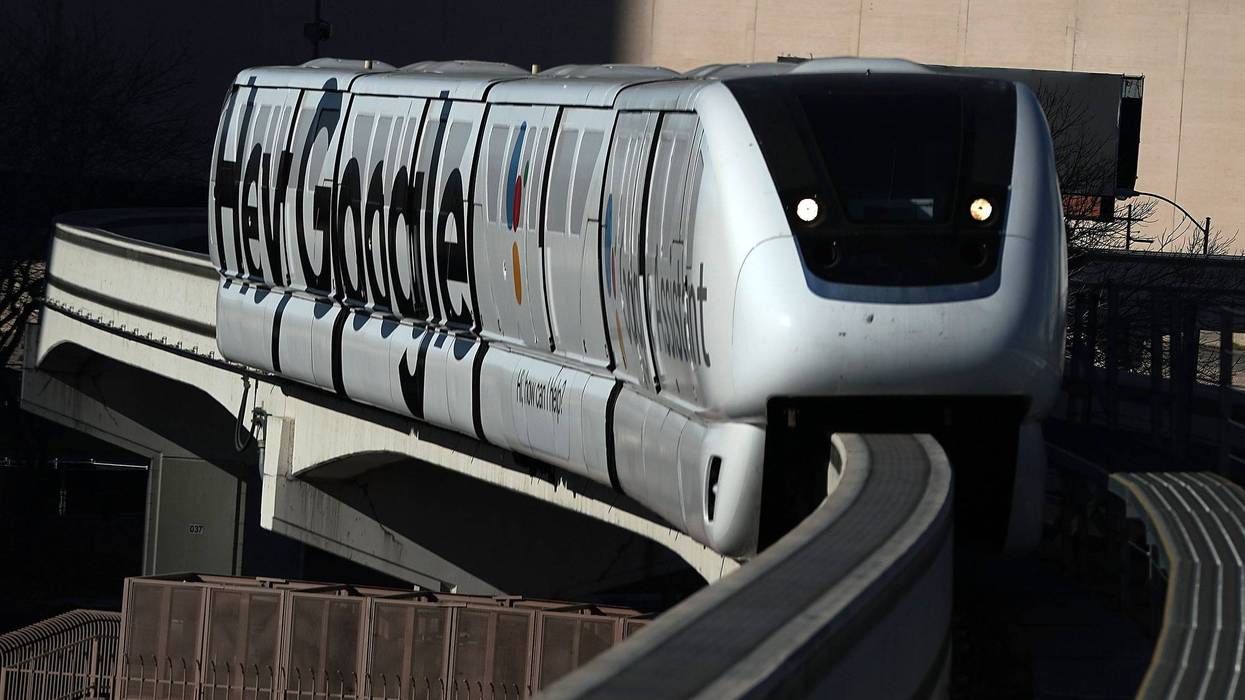 The Las Vegas Monorail makes its way south toward the MGM Grand