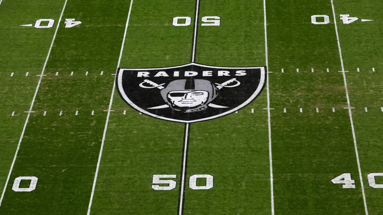 The Las Vegas' Raider logo displayed on the field at Allegiant Stadium