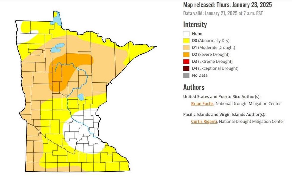 The latest U.S. drought monitor shows much of the state getting abnormally dry outside of a pocket around the Twin Cities.
