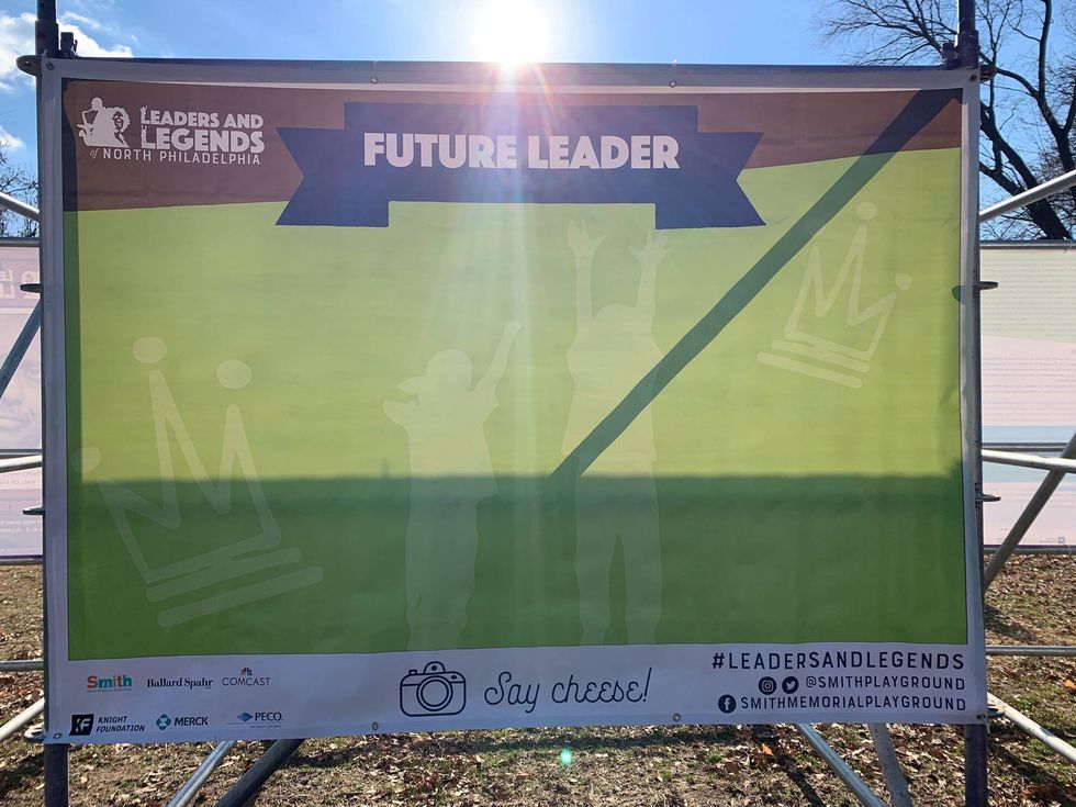 The "Leaders and Legends" exhibit at Smith Playground features one blank banner, as a selfie opportunity to inspire kids to be leaders.