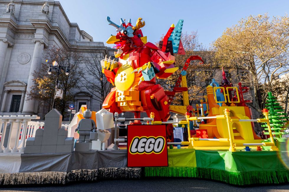 The Lego parade float is being prepared during the 96th Macy