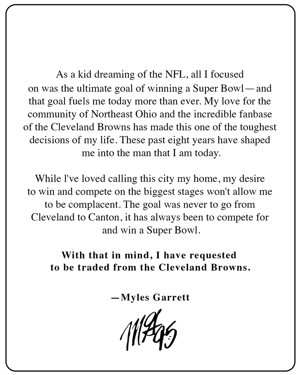 The letter Myles Garrett wrote requesting a trade from the Browns