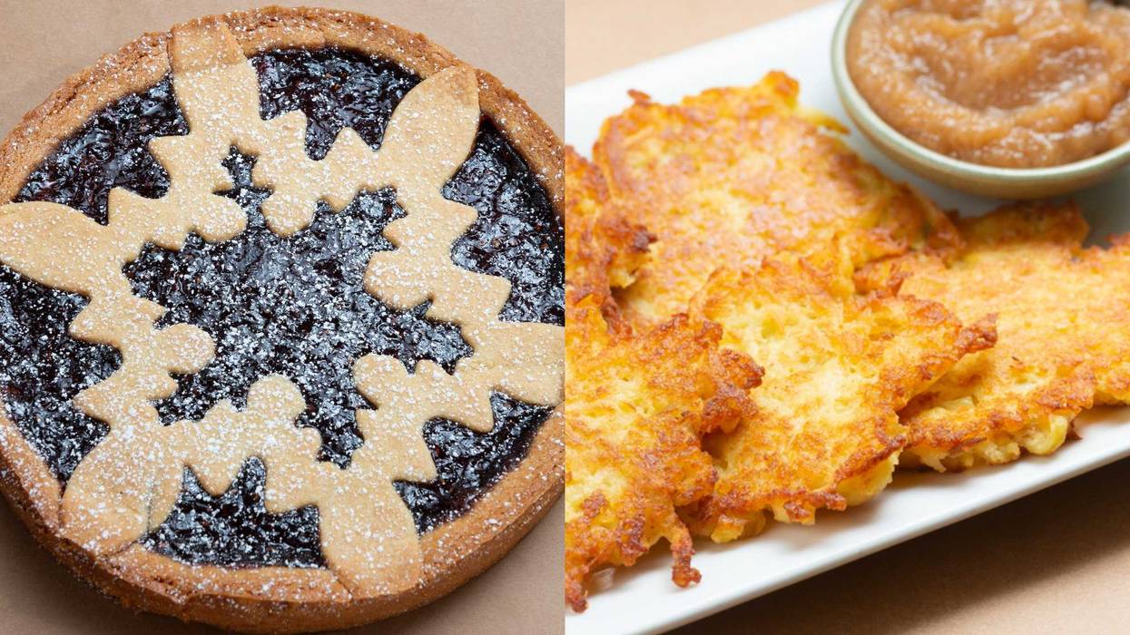The Linzer tart for Christmas (left) and potato latkes for Hanukkah, from Breads Bakery.