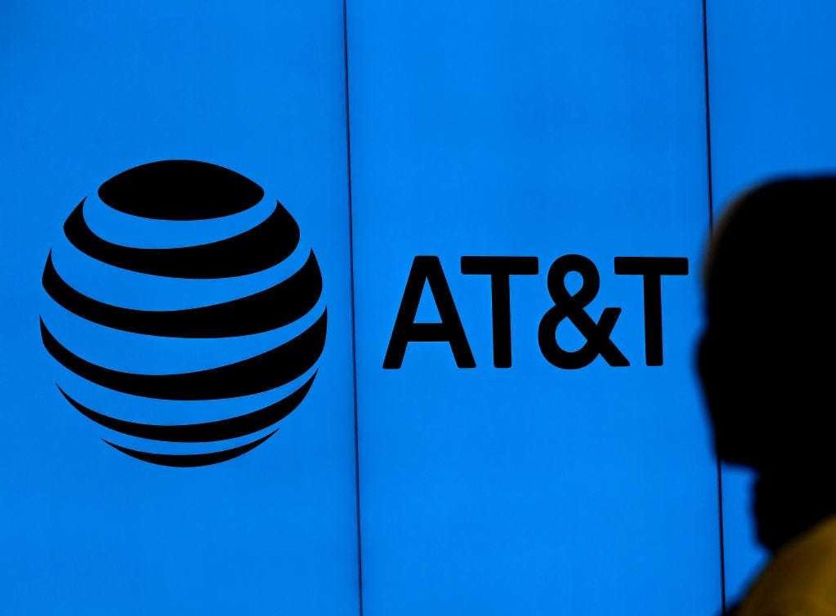 The logo of AT&T outside of AT&T corporate headquarters on March 13, 2020 in Dallas, Texas.