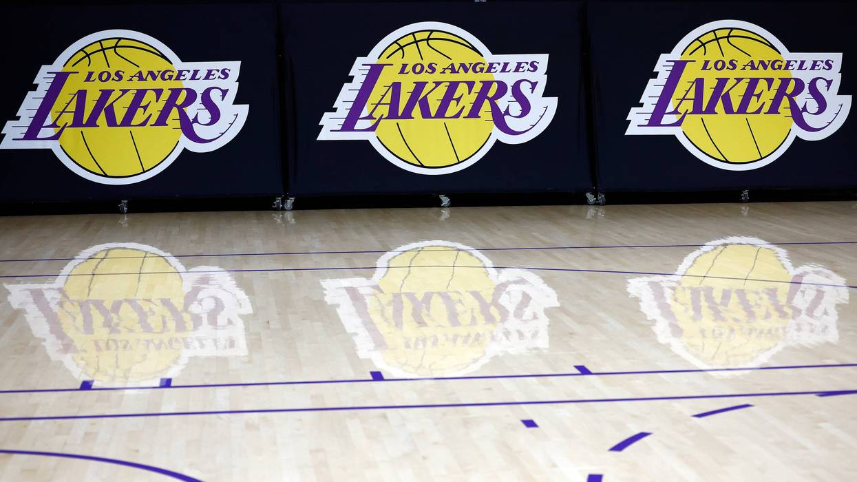 The Los Angeles Lakers logo before a press conference at UCLA Health Training Center on September 25, 2024 in El Segundo, California.