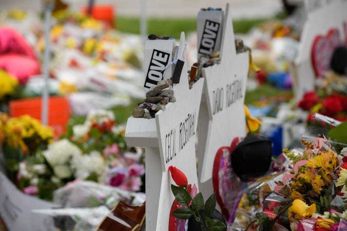 The makeshift memorial Saturday morning in front of the Tree of Life Synagogue on November 3, 2018 in Pittsburgh, Pennsylvania. Synagogues around Pittsburgh are opening their doors to members of the Tree Of Life congregation that was the target of a mass shooting that left 11 of its members dead on October 27.