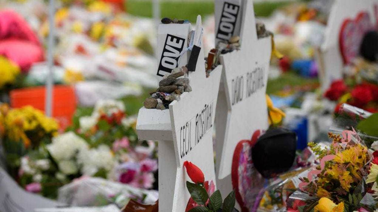 The makeshift memorial Saturday morning in front of the Tree of Life Synagogue on November 3, 2018 in Pittsburgh, Pennsylvania. Synagogues around Pittsburgh are opening their doors to members of the Tree Of Life congregation that was the target of a mass shooting that left 11 of its members dead on October 27.