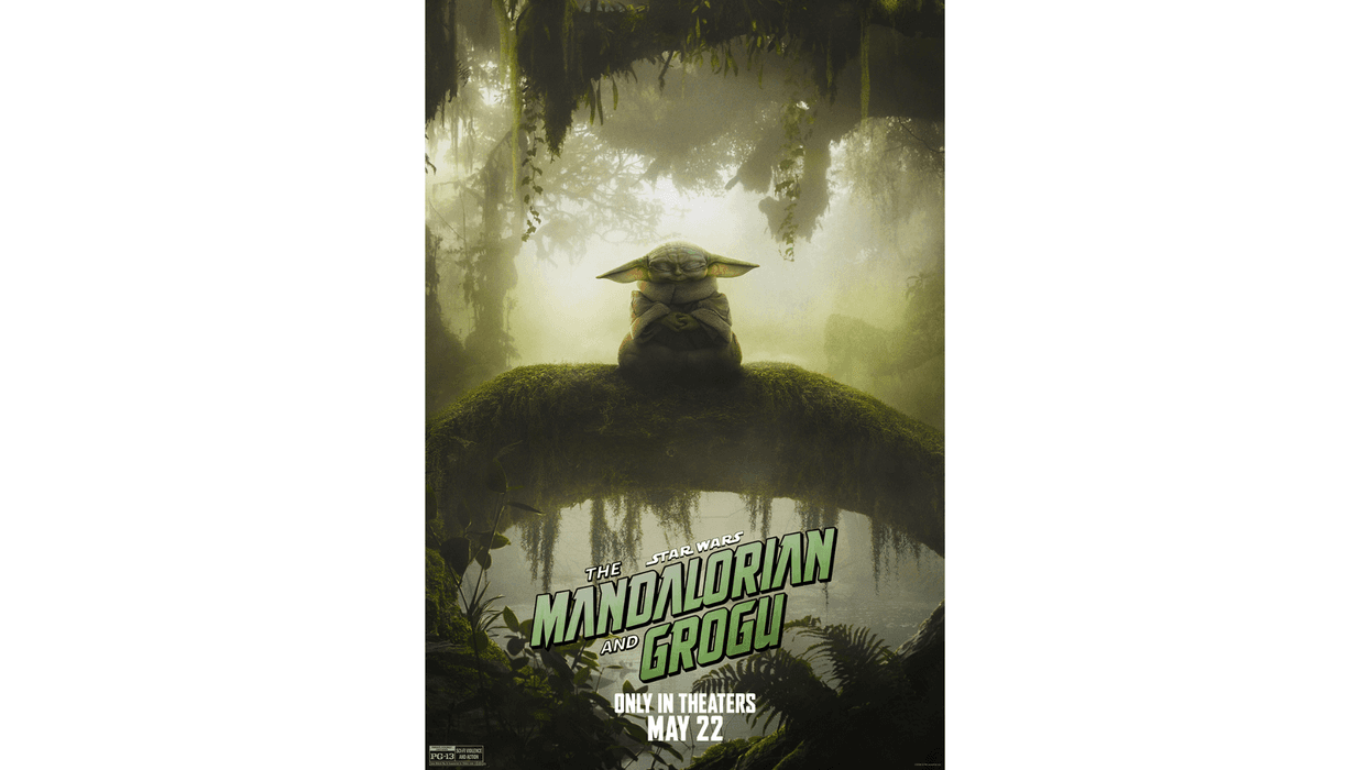 The Mandalorian and Grogu movie poster: Baby Yoda meditates on a mossy branch in a misty forest.