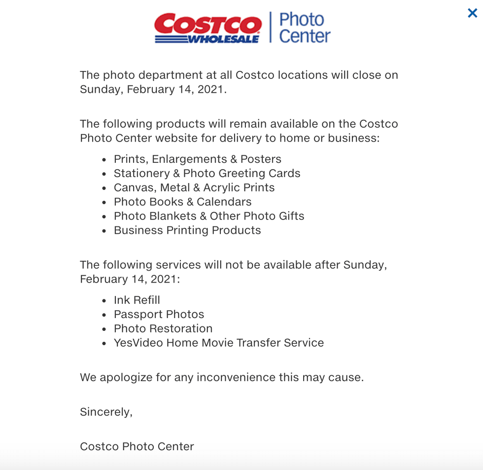 The message posted to the Costco Photo Center website.