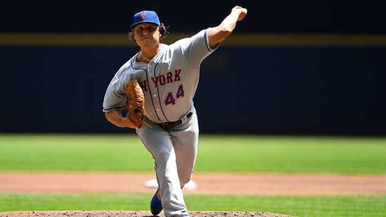The Mets' Jason Vargas throws a pitch during the first inning against the Brewers on May 5, 2019, at Miller Park in Milwaukee.