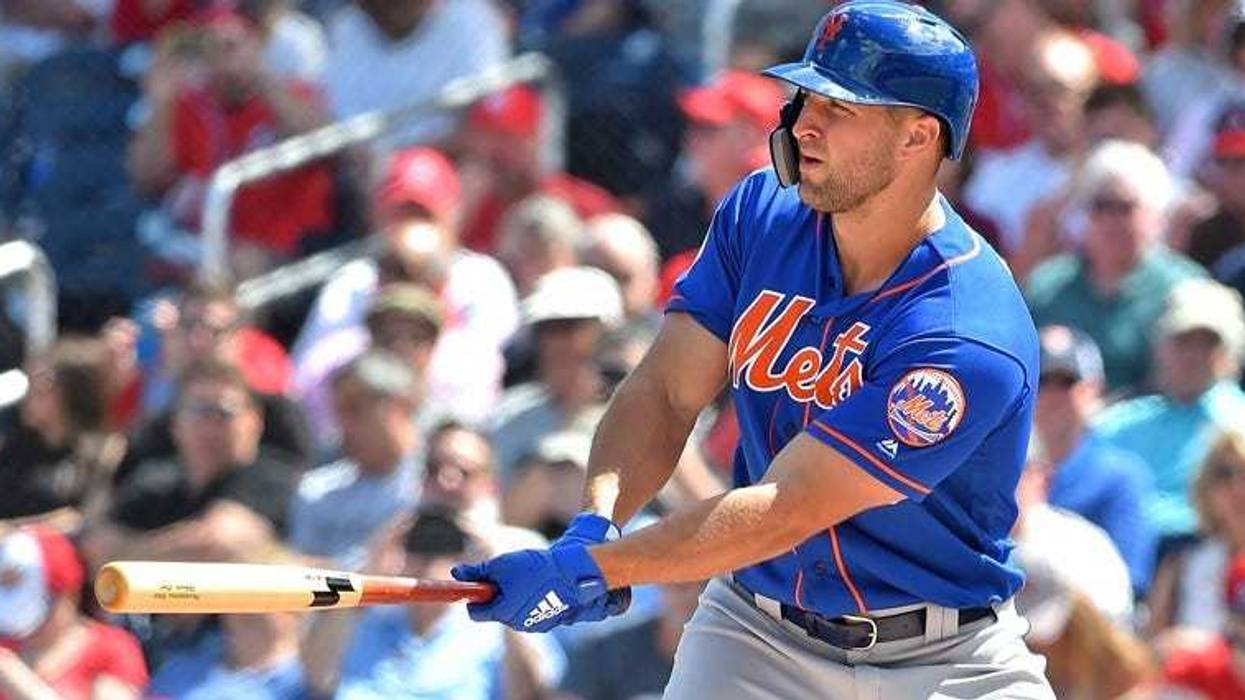 The Mets' Tim Tebow bats against the Nationals during a spring training game on March 7, 2019, at FITTEAM Ballpark of the Palm Beaches in West Palm Beach, Florida.