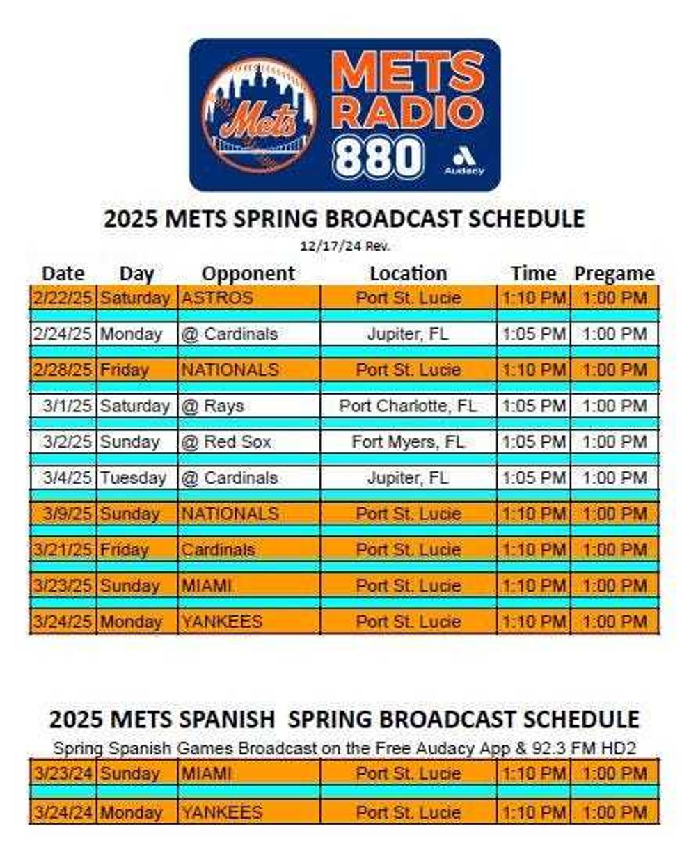 The Mets will play 10 spring training games in Florida in February and March ahead of the 2025 season opener on March 27