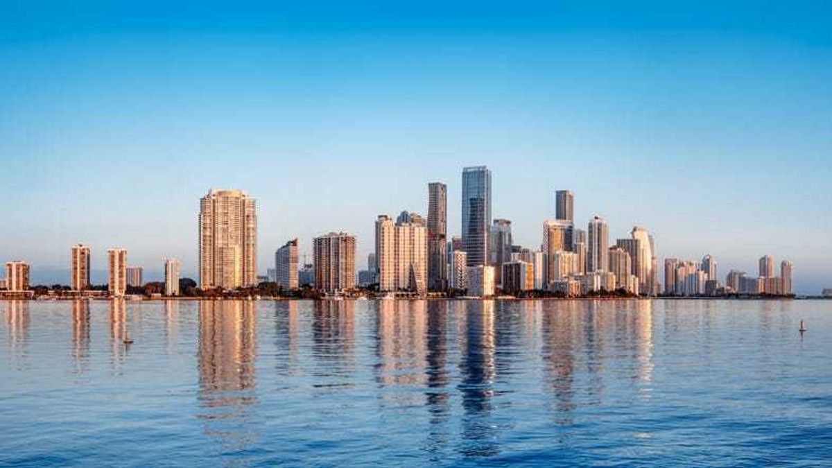 The Miami skyline at sunrise.