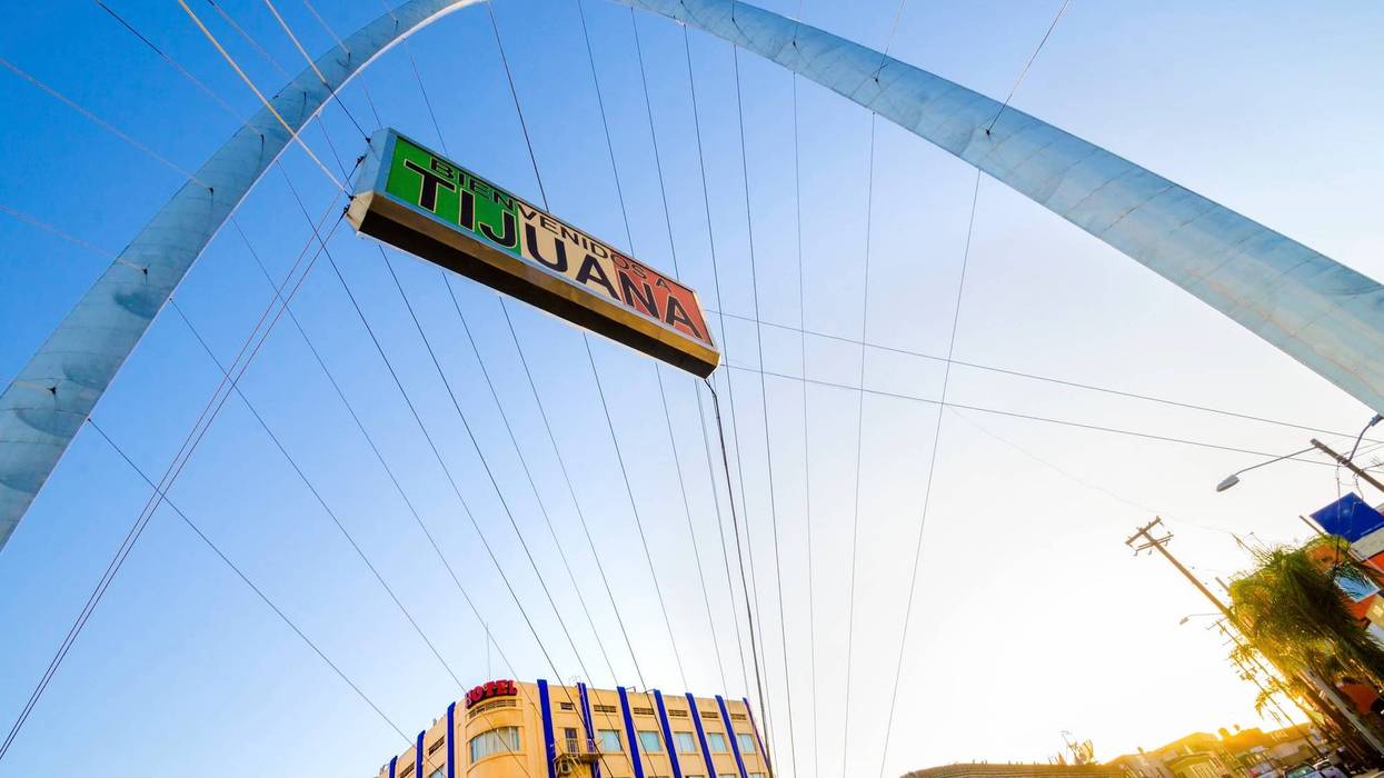 The Millennial Arch (Arco y Reloj Monumental), a metallic steel arch at the entrance of the city of Tijuana in Mexico, at zona centro a symbol of union and vigor to the new millennium and a landmark that welcomes tourists in Avenida de revolucion with a sign that reads Bienvenidos a Tijuana.