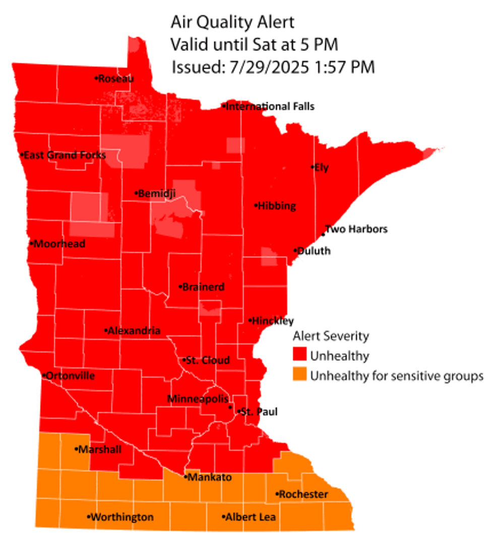 The Minnesota Pollution Control Agency has issued an Air Quality Alert for fine particles pollution. The Air Quality Index (AQI) is expected to reach the Red or Unhealthy category, for most of the state.