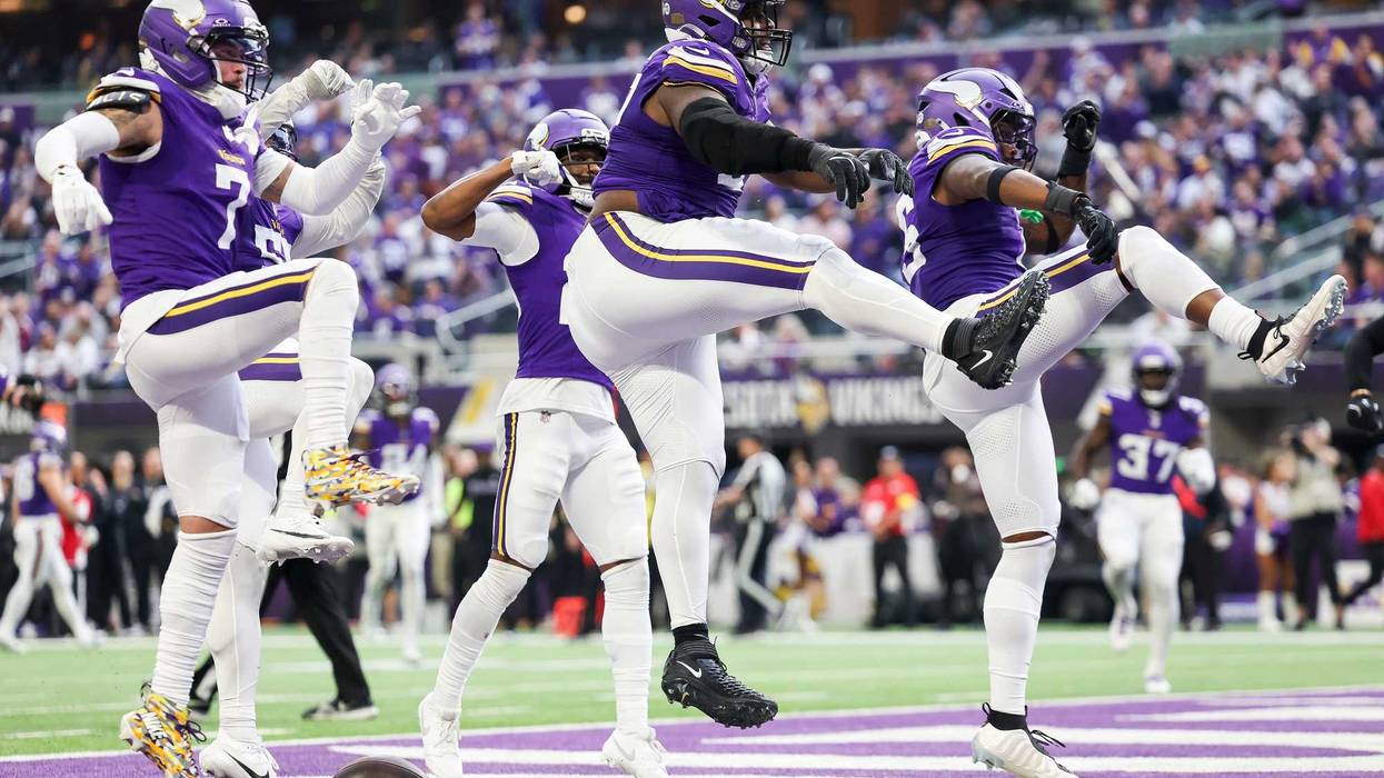 The Minnesota Vikings celebrate during the fourth quarter against the Washington Commanders at U.S. Bank Stadium on December 07, 2025 in Minneapolis, Minnesota.