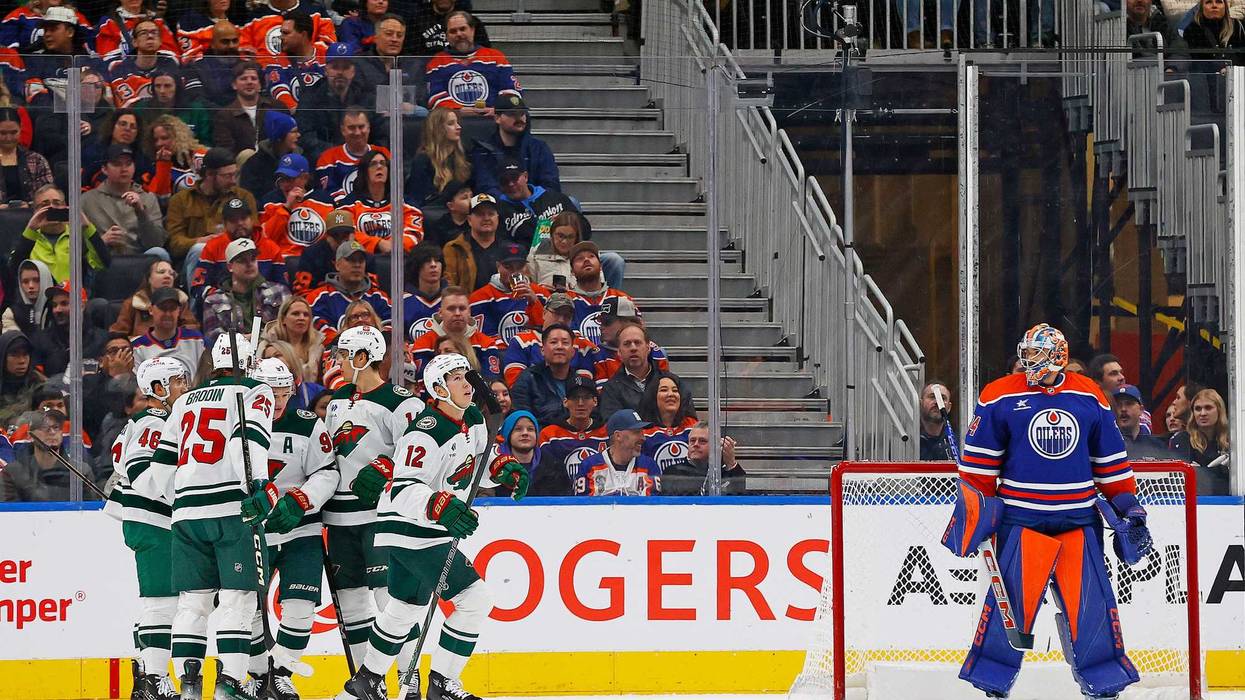 The Minnesota Wild celebrate a goal scored by forward Matt Boldy (12) during the first period against the Edmonton Oilers at Rogers Place.
