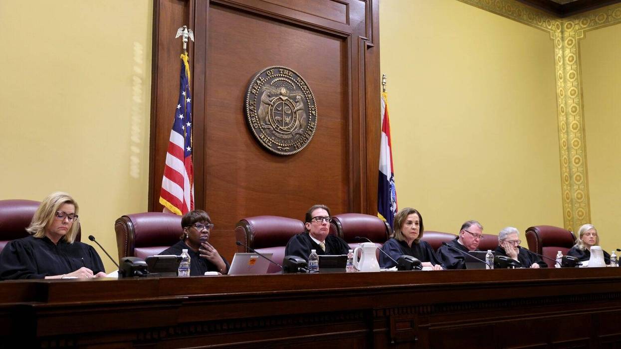 The Missouri Supreme Court takes the bench on Sept. 10, 2024, in Jefferson City to hear a case questioning whether an amendment to overturn the state’s abortion ban will remain on the state’s November ballot. From left are Judges Kelly C. Broniec, Robin Ransom, W. Brent Powell, Chief Justice Mary R. Russell, Zel. M. Fischer, Paul C. Wilson and Ginger K. Gooch.