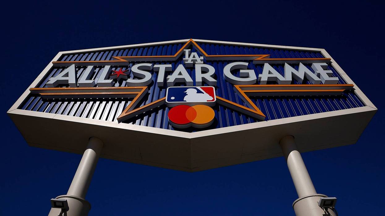 The MLB All-Star game logo at Dodger Stadium on July 10, 2022 in Los Angeles, California.