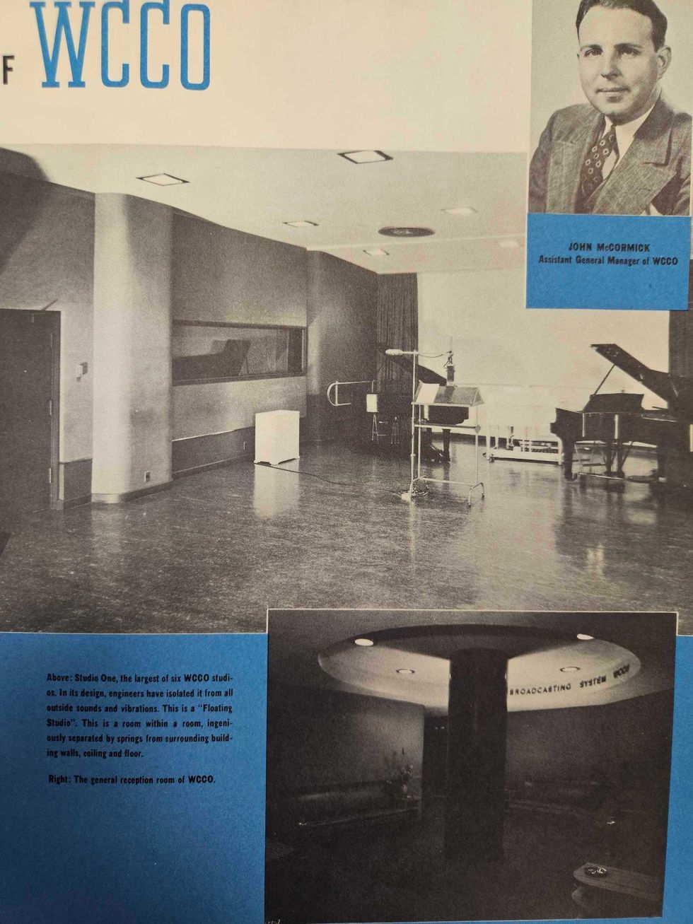 The "modern" new studios of WCCO Radio from an advertisement the station produced touting their new location in 1938. The room in the top image is currently the WCCO Radio Newsroom and lobby, with 104.1 JACK FM located behind the glass on the left.