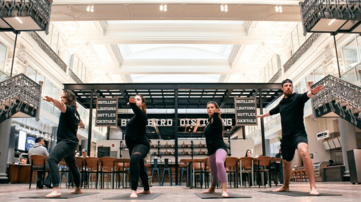 The month-long pop-up event offers free yoga classes from 9 to 10 a.m. every Saturday in February under the atrium in The Bourse’s main dining hall.