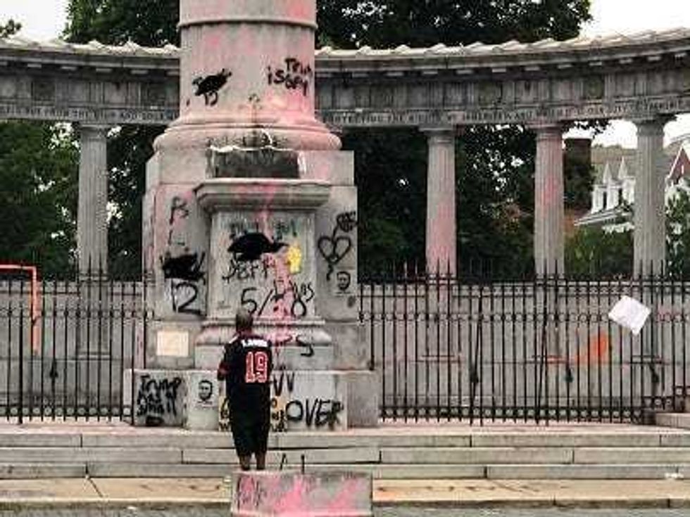 Crowd Gathers At Fallen Jeff Davis Monument 