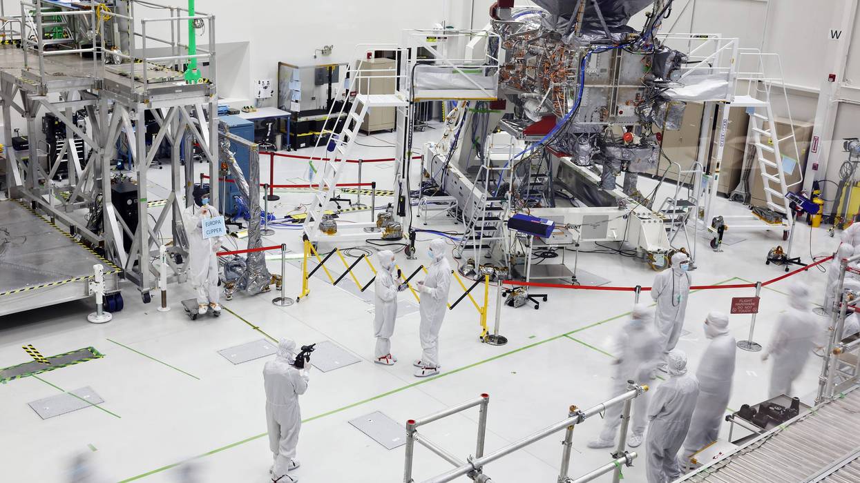 The NASA Europa Clipper spacecraft is viewed during a media tour inside a Spacecraft Assembly Facility clean room at NASA's Jet Propulsion Laboratory (JPL) on April 11, 2024 in Pasadena, California.