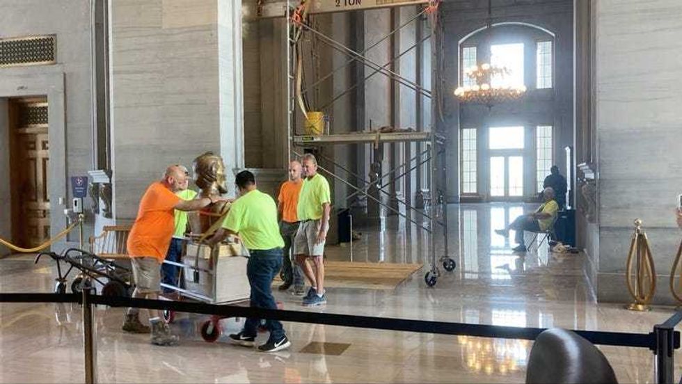 The Nathan Bedford Forrest bust is removed from inside of the Tennessee Capitol on Friday, July 23, 2021 in Nashville. Tennessee