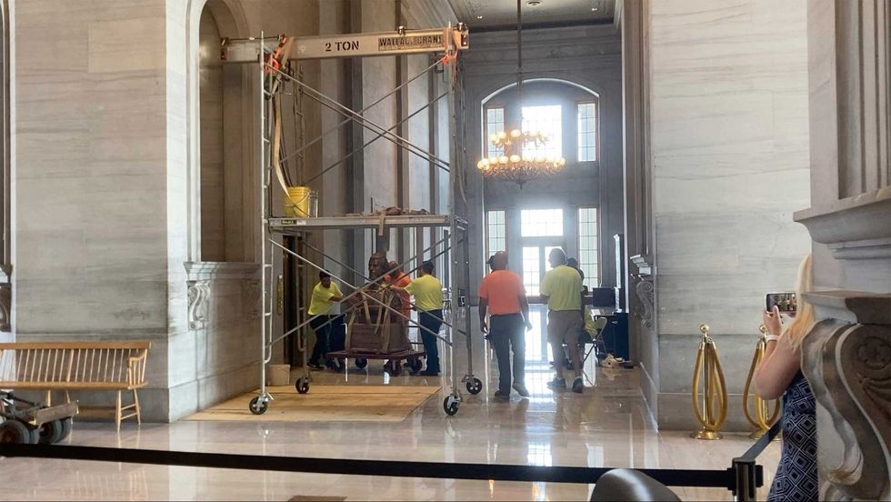 The Nathan Bedford Forrest bust is removed from inside of the Tennessee Capitol on Friday, July 23, 2021 in Nashville. Tennessee