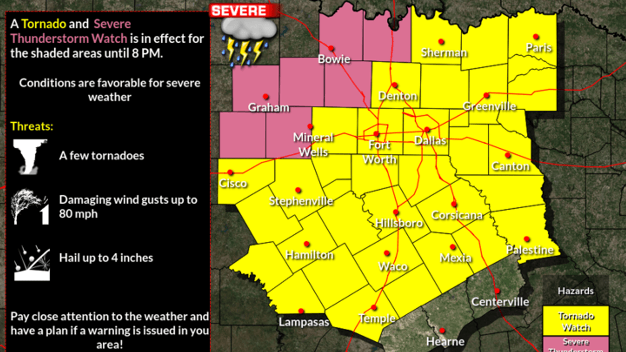The National Weather Service issued a Tornado Watch for North Texas through 8 p.m. Wednesday.