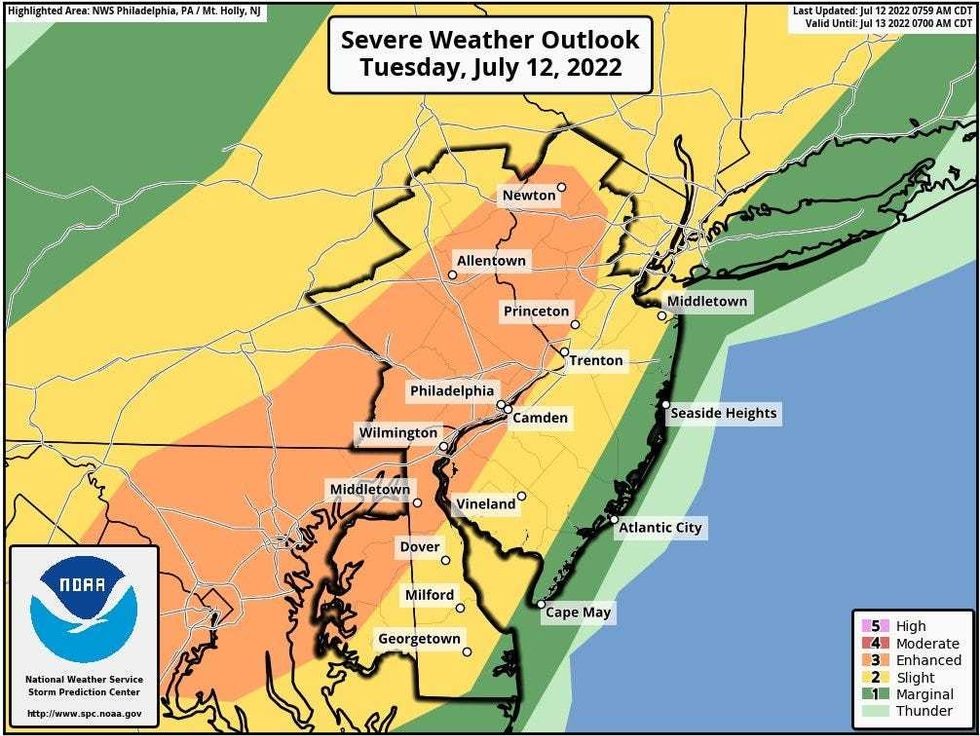 The National Weather Service said the threat of severe storms was "increasing" Tuesday, with the highest risk along the I-95 corridor in New Jersey